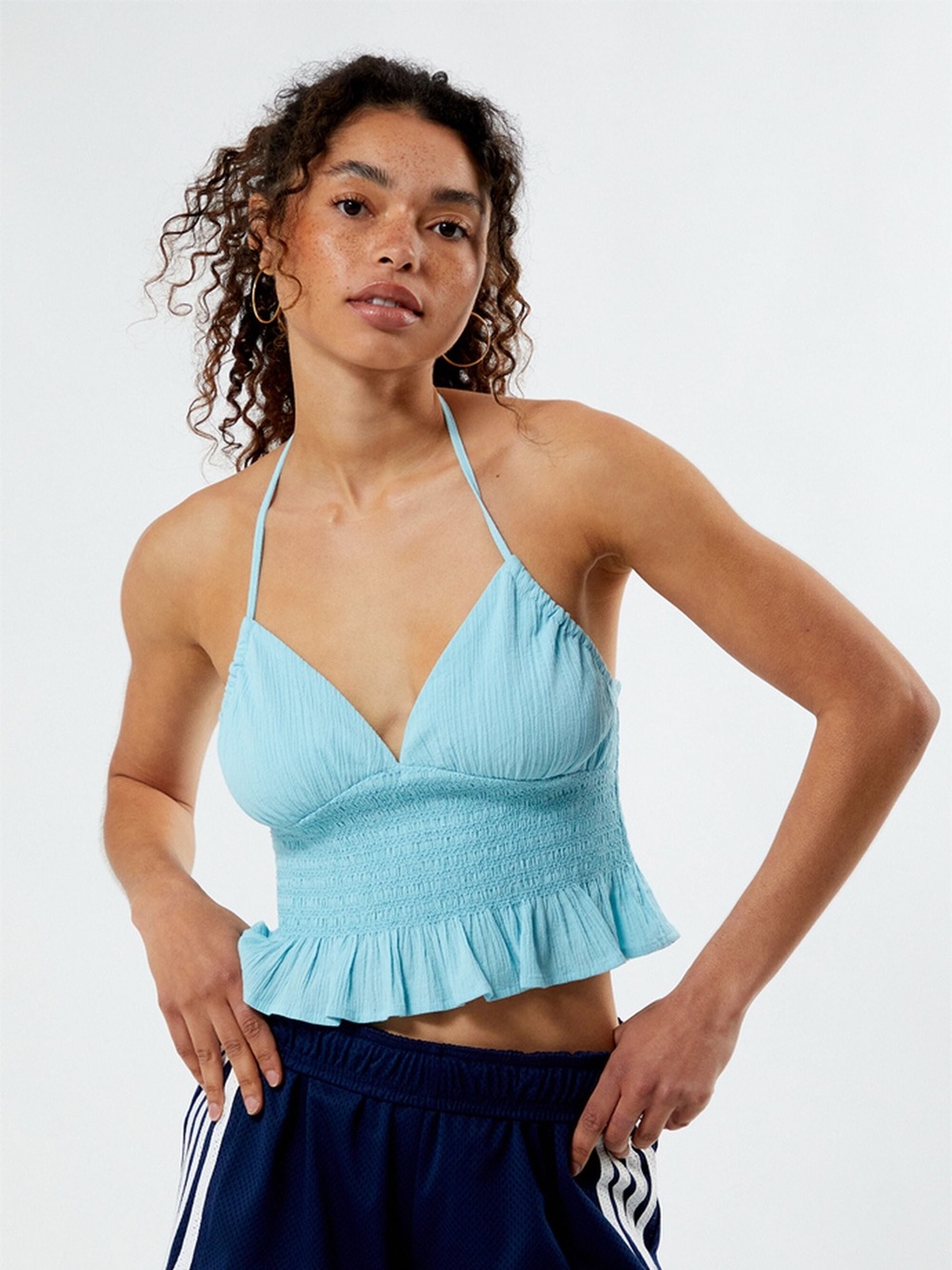 Pacsun LA Hearts Smocked Halter Top Size Small Light Blue Ruffled V Neckline